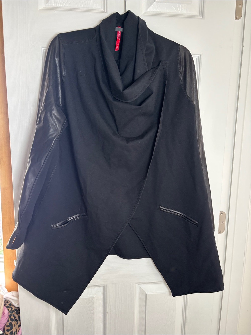 SPANX Black Draped Trench Coat with Faux Leather Sleeves